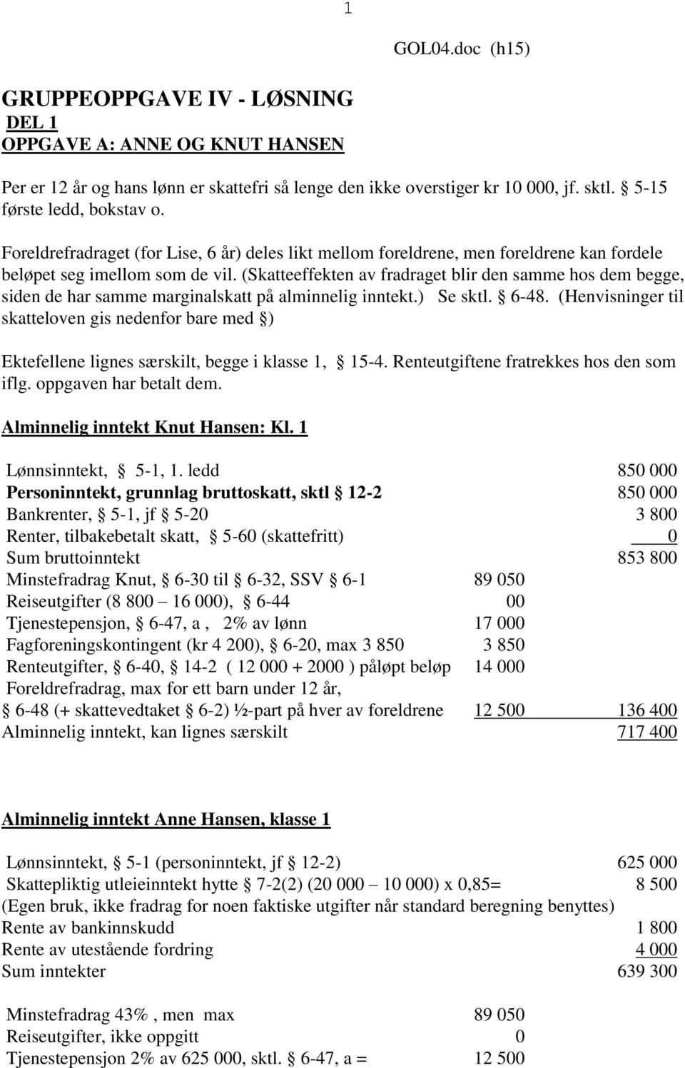 (Skatteeffekten av fradraget blir den samme hos dem begge, siden de har samme marginalskatt på alminnelig inntekt.) Se sktl. 6-48.