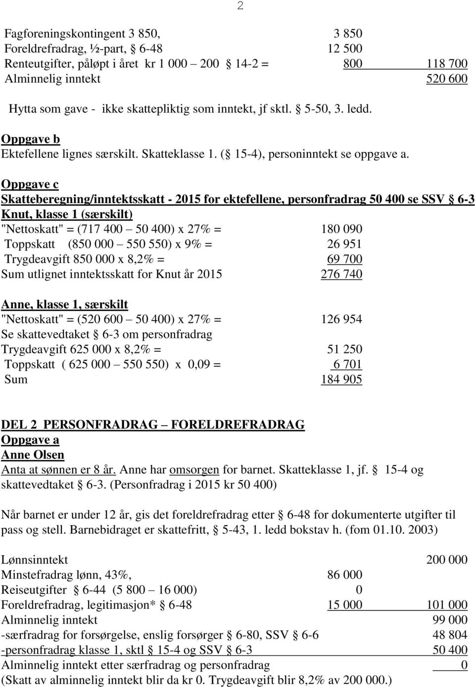 Oppgave c Skatteberegning/inntektsskatt - 2015 for ektefellene, personfradrag 50 400 se SSV 6-3 Knut, klasse 1 (særskilt) "Nettoskatt" = (717 400 50 400) x 27% = 180 090 Toppskatt (850 000 550 550) x