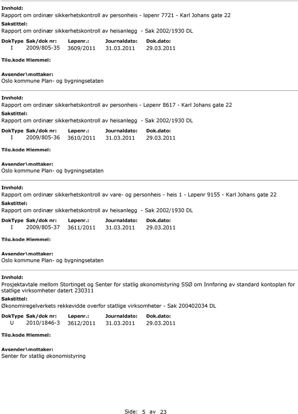 Oslo kommune Plan- og bygningsetaten Rapport om ordinær sikkerhetskontroll av vare- og personheis - heis 1 - Løpenr 9155 - Karl Johans gate 22 Rapport om ordinær sikkerhetskontroll av heisanlegg -