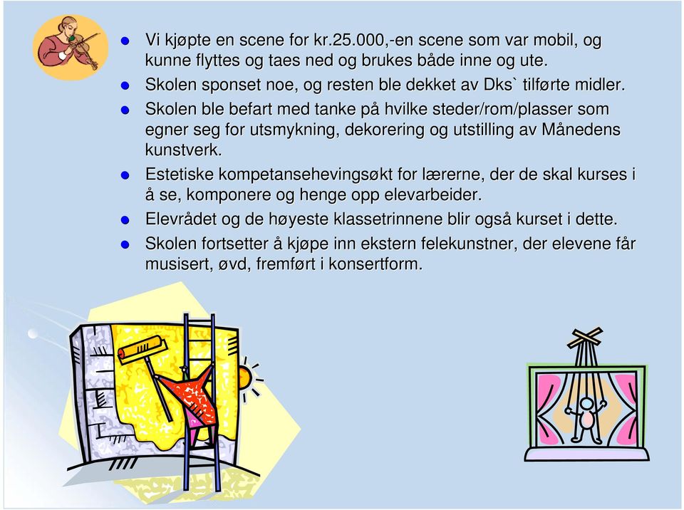 Skolen ble befart med tanke påp hvilke steder/rom/plasser som egner seg for utsmykning, dekorering og utstilling av Månedens M kunstverk.