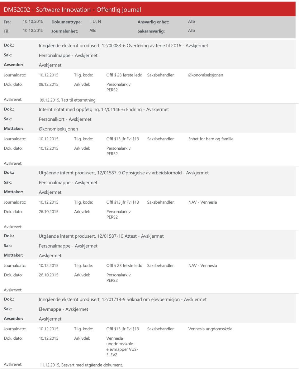 2015 tgående internt produsert, 12/01587-10 Attest - Personalmappe - Journaldato: Tilg. kode: Offl 23 første ledd NAV - 26.10.2015 Inngående eksternt produsert, 12/01718-9 Søknad om elevpermisjon - Elevmappe - Journaldato: Tilg.