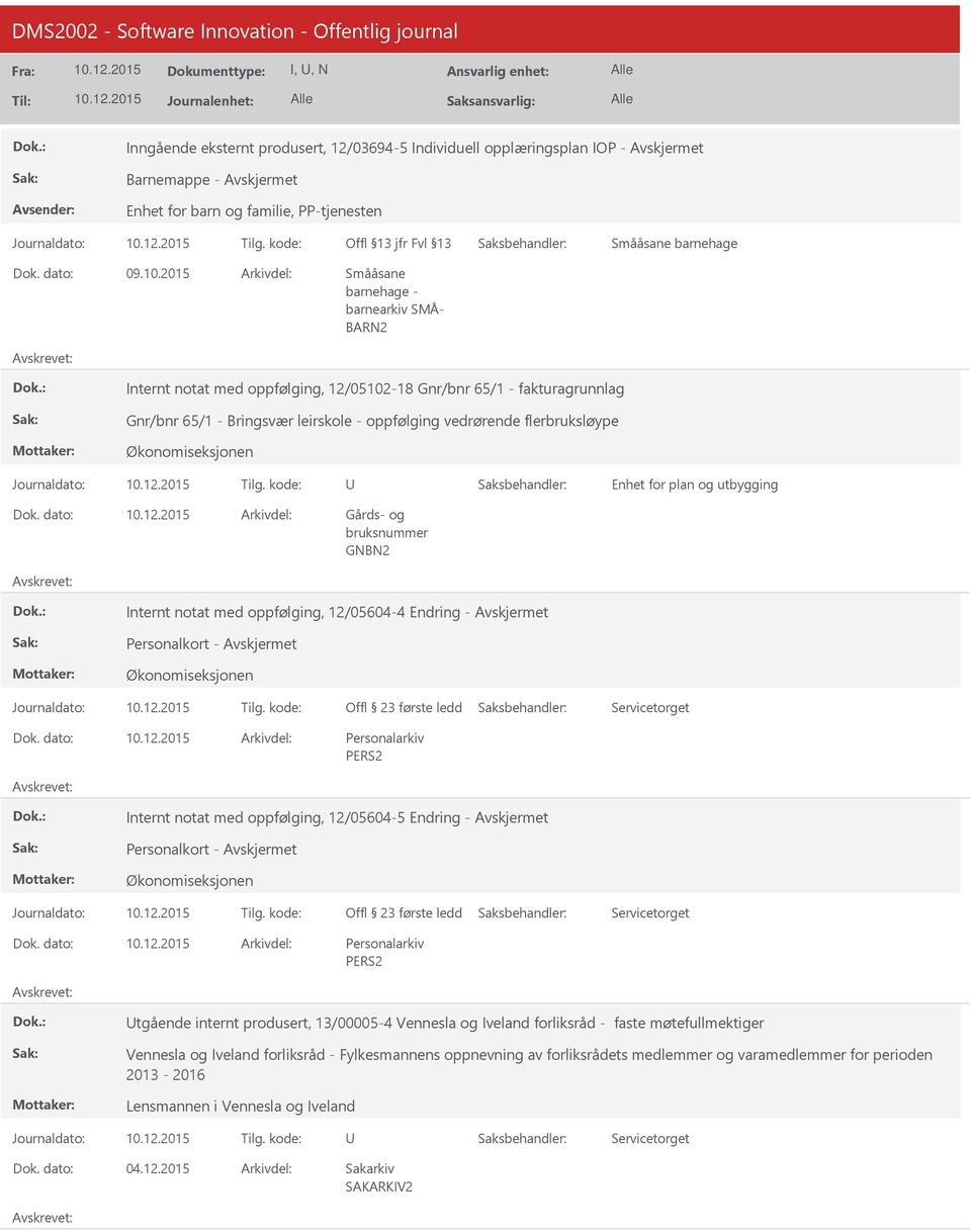 Journaldato: Tilg. kode: Internt notat med oppfølging, 12/05604-4 Endring - Personalkort - Journaldato: Tilg.