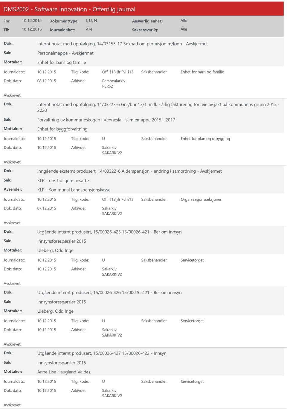 - årlig fakturering for leie av jakt på kommunens grunn 2015-2020 Forvaltning av kommuneskogen i - samlemappe 2015-2017 Enhet for byggforvaltning Journaldato: Tilg.