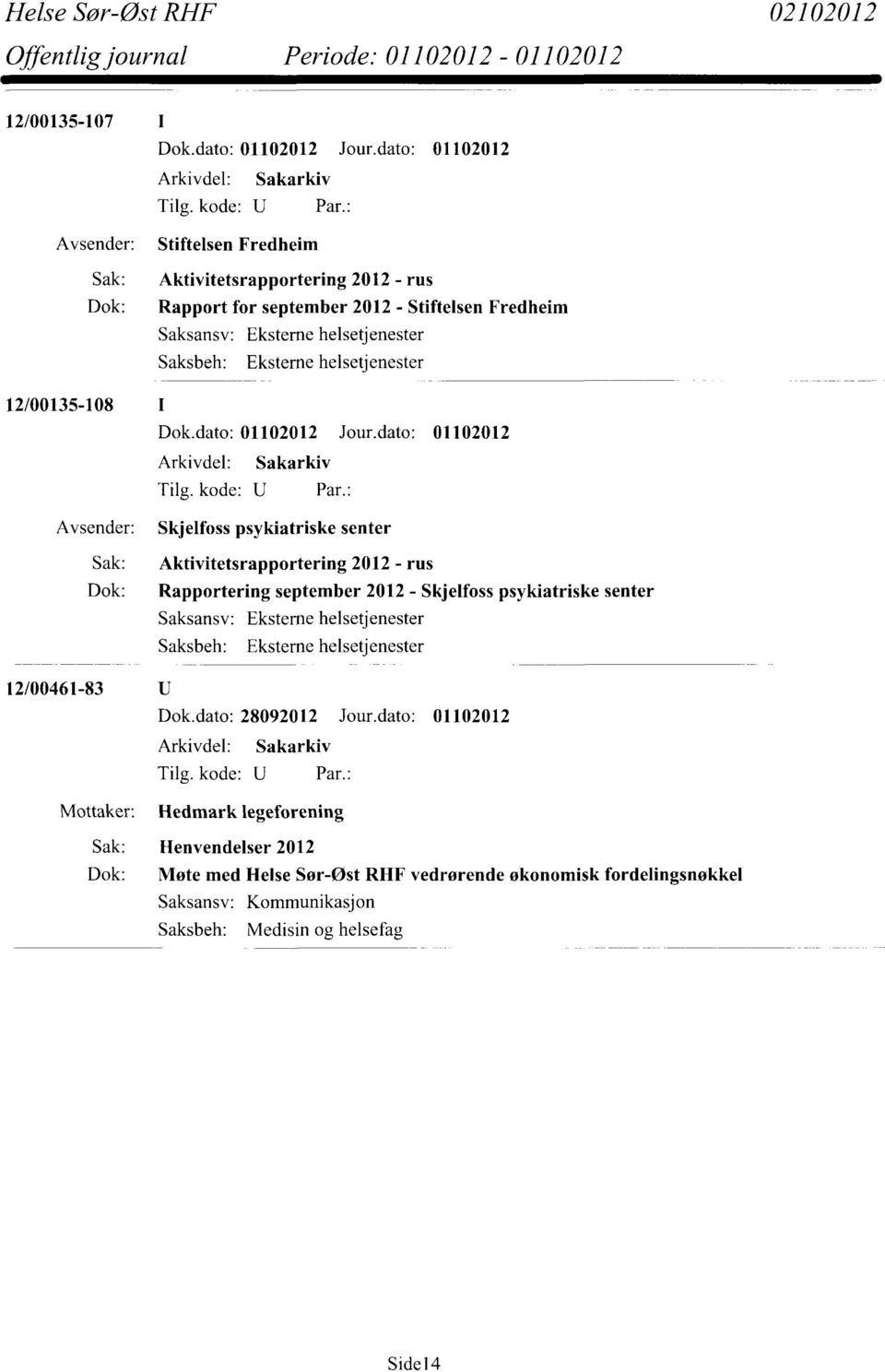 Skjelfoss psykiatriske senter Saksansv: Eksteme helsetjenester 12/00461-83 Dok.dato: 28092012 Jour.