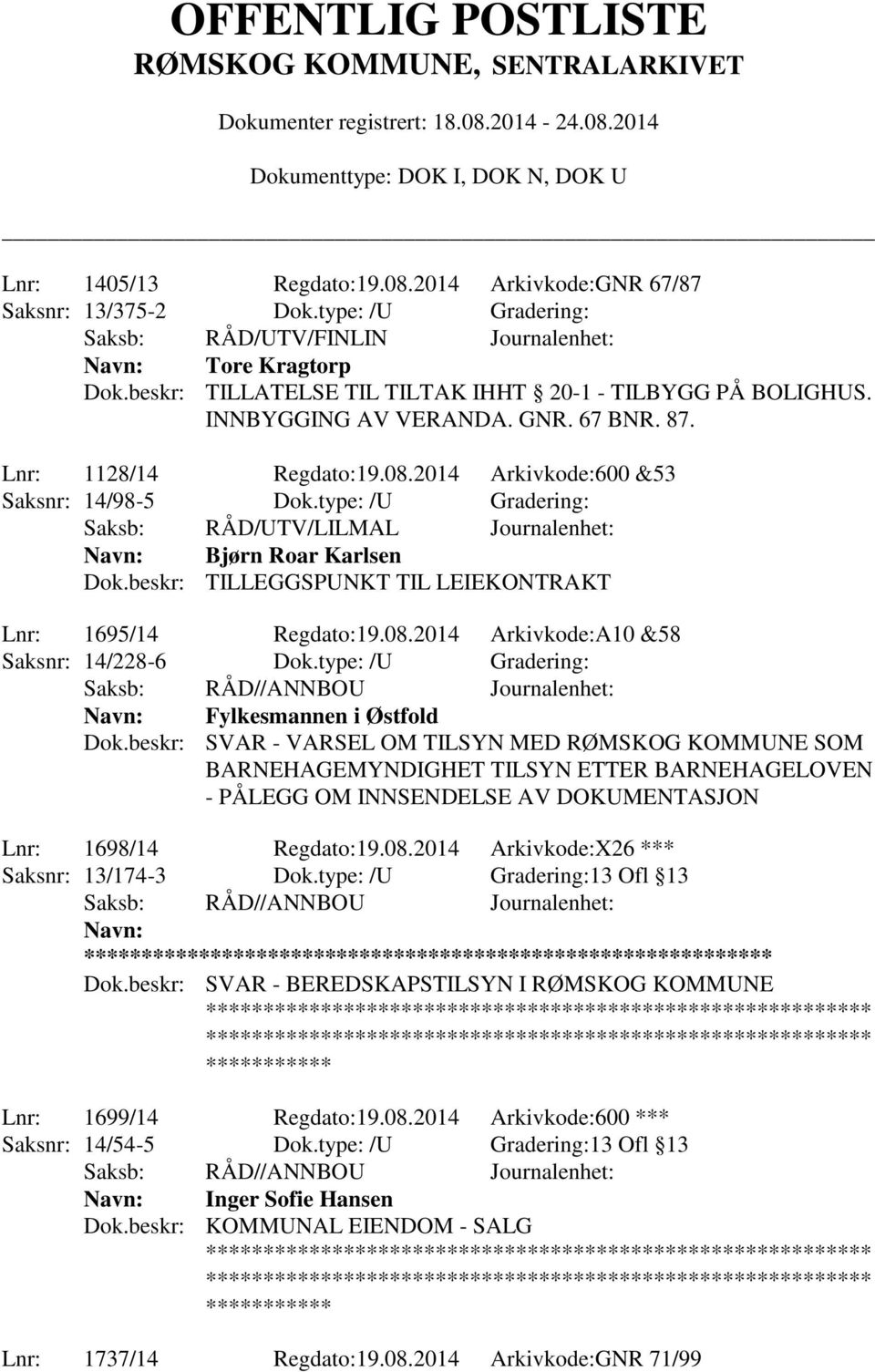 type: /U Gradering: Saksb: RÅD/UTV/LILMAL Journalenhet: Bjørn Roar Karlsen Dok.beskr: TILLEGGSPUNKT TIL LEIEKONTRAKT Lnr: 1695/14 Regdato:19.08.2014 Arkivkode:A10 &58 Saksnr: 14/228-6 Dok.