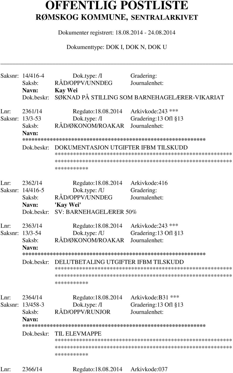 type: /U Gradering: 'Kay Wei' Dok.beskr: SV: BARNEHAGELÆRER 50% Lnr: 2363/14 Regdato:18.08.2014 Arkivkode:243 *** Saksnr: 13/3-54 Dok.