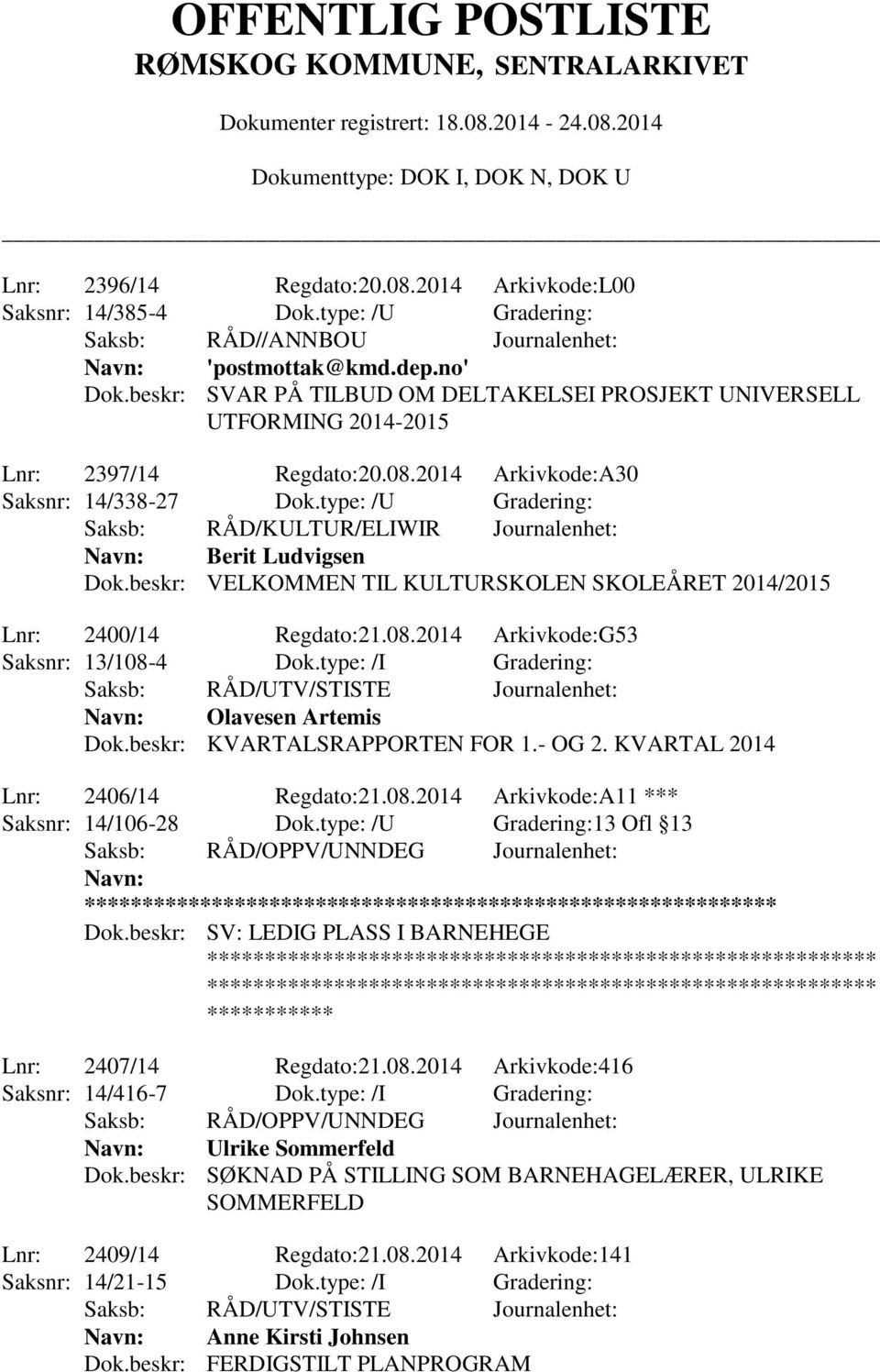 beskr: VELKOMMEN TIL KULTURSKOLEN SKOLEÅRET 2014/2015 Lnr: 2400/14 Regdato:21.08.2014 Arkivkode:G53 Saksnr: 13/108-4 Dok.type: /I Gradering: Saksb: RÅD/UTV/STISTE Journalenhet: Olavesen Artemis Dok.