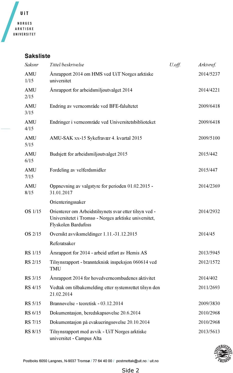 av verneområde ved BFE-falultetet 2009/6418 Endringer i verneområde ved Universitetsbiblioteket 2009/6418 AMU-SAK xx-15 Sykefravær 4.