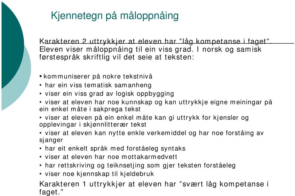 kunnskap og kan uttrykkje eigne meiningar på ein enkel måte i sakprega tekst viser at eleven på ein enkel måte kan gi uttrykk for kjensler og opplevingar i skjønnlitterær tekst viser at eleven kan