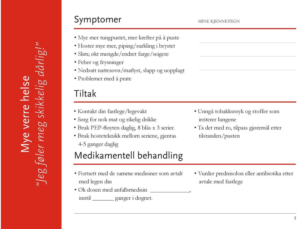 Problemer med å prate Tiltak Kontakt din fastlege/legevakt Sørg for nok mat og rikelig drikke Bruk PEP-fløyten daglig, 8 blås x 3 serier.