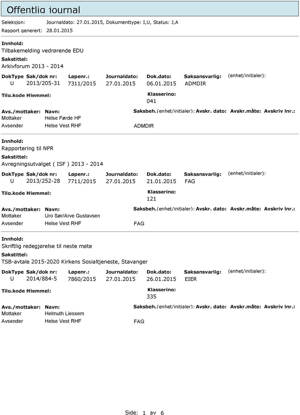 : Mottaker Helse Førde HF ADMDR Rapportering til NPR Avregningsutvalget ( SF ) 2013-2014 2013/252-28 7711/2015 21.01.2015 121 Avs.