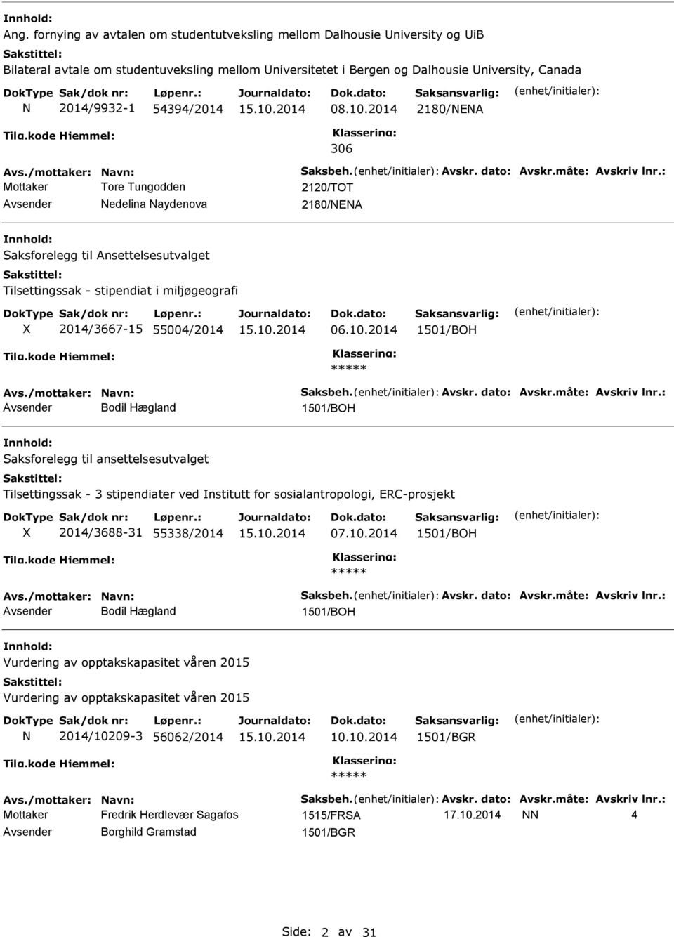 : Mottaker Tore Tungodden 2120/TOT Avsender edelina aydenova 2180/EA Saksforelegg til Ansettelsesutvalget Tilsettingssak - stipendiat i miljøgeografi X 2014/3667-15 55004/2014 06.10.2014 1501/BOH Avs.