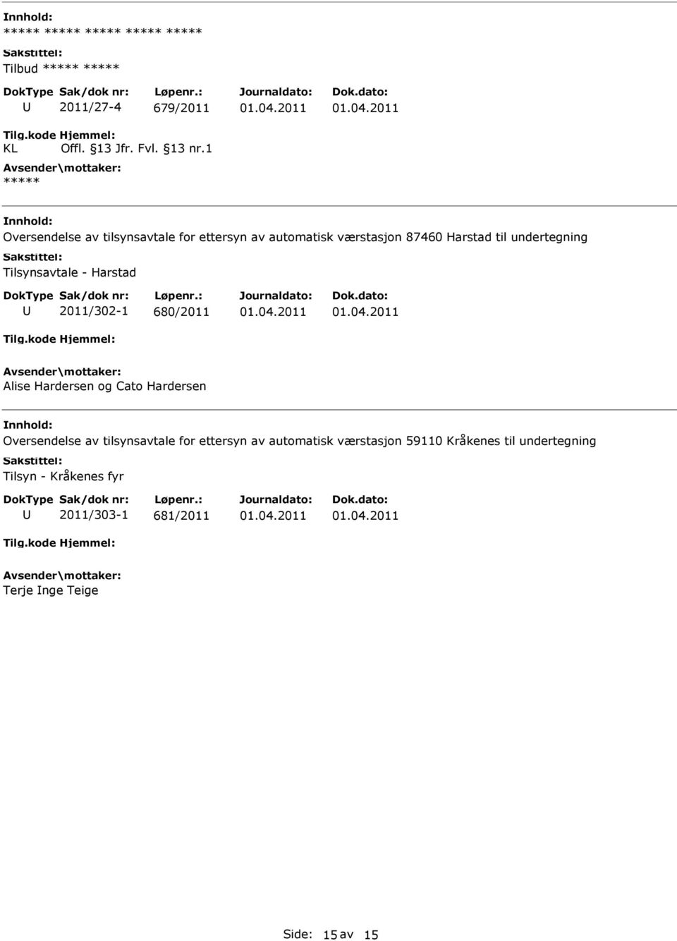 Tilsynsavtale - Harstad 2011/302-1 680/2011 Alise Hardersen og Cato Hardersen Oversendelse av