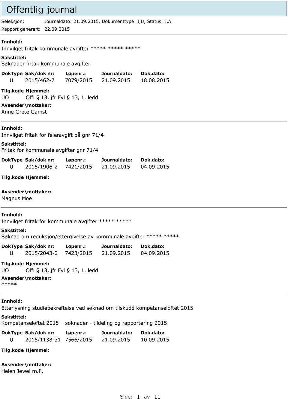 2015 O Anne Grete Gamst nnvilget fritak for feieravgift på gnr 71/4 Fritak for kommunale avgifter gnr 71/4 2015/1906-2 7421/2015 04.09.