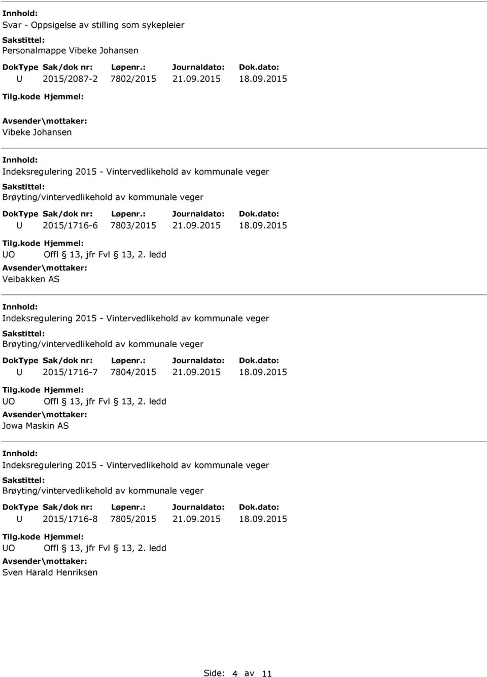 ndeksregulering 2015 - Vintervedlikehold av kommunale veger 2015/1716-7 7804/2015 O Jowa Maskin AS