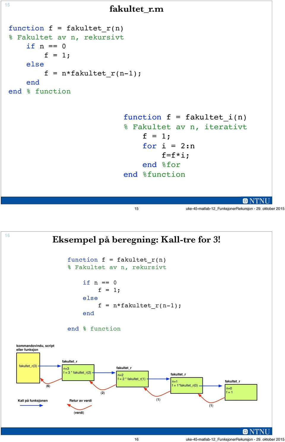 fakultet_i(n) % Fakultet av n, iterativt f = 1; for i = 2:n f=f*i; %for %function 15