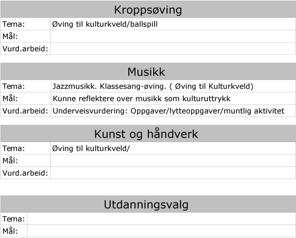 ( til Kulturkveld) Kunne reflektere over musikk som kulturuttrykk Vurd.