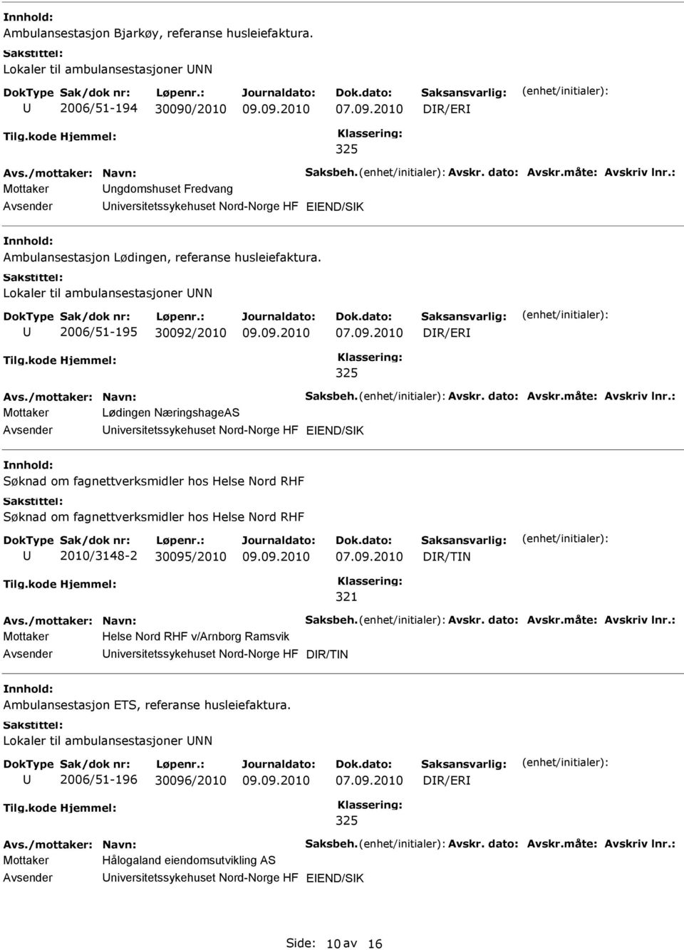 Lokaler til ambulansestasjoner NN 2006/51-195 30092/2010 Mottaker Lødingen NæringshageAS niversitetssykehuset Nord-Norge HF Søknad om fagnettverksmidler hos Helse Nord RHF Søknad om