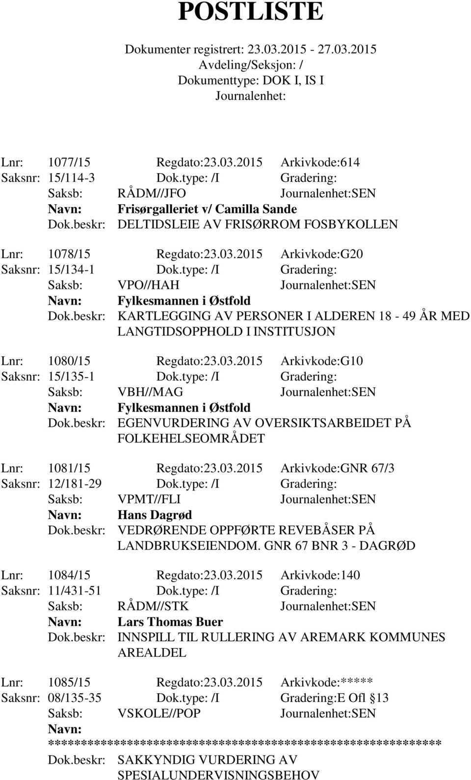 beskr: KARTLEGGING AV PERSONER I ALDEREN 18-49 ÅR MED LANGTIDSOPPHOLD I INSTITUSJON Lnr: 1080/15 Regdato:23.03.2015 Arkivkode:G10 Saksnr: 15/135-1 Dok.