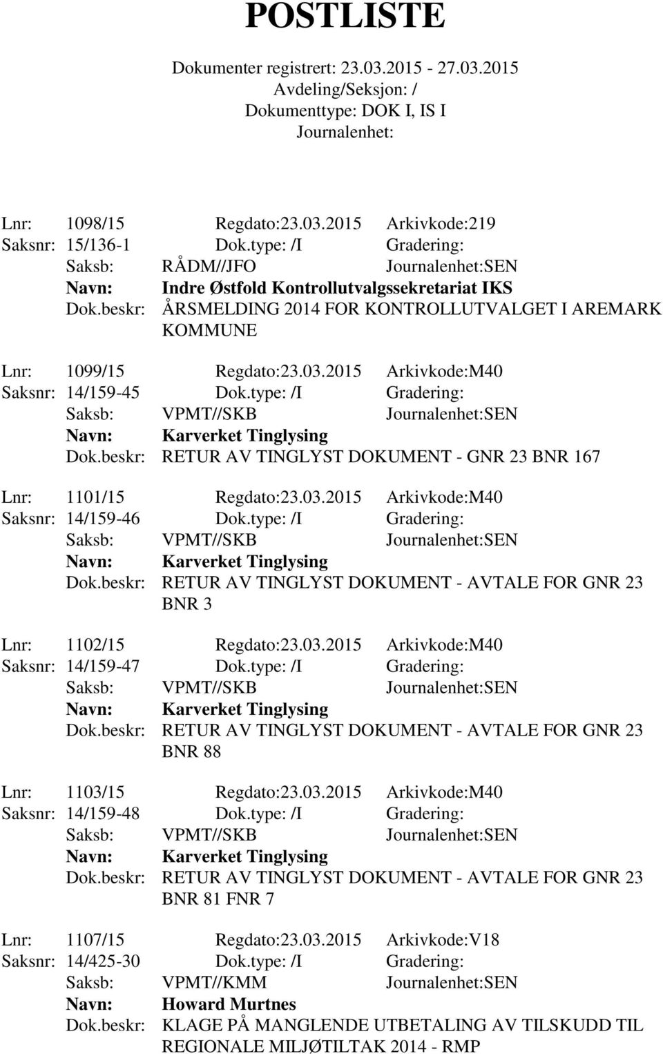 beskr: RETUR AV TINGLYST DOKUMENT - GNR 23 BNR 167 Lnr: 1101/15 Regdato:23.03.2015 Arkivkode:M40 Saksnr: 14/159-46 Dok.type: /I Gradering: Saksb: VPMT//SKB SEN Karverket Tinglysing Dok.