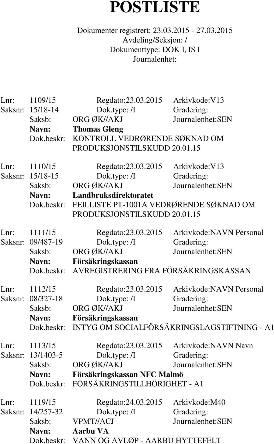 03.2015 Arkivkode:NAVN Personal Saksnr: 09/487-19 Dok.type: /I Gradering: Saksb: ORG ØK//AKJ SEN Försäkringskassan Dok.beskr: AVREGISTRERING FRA FÖRSÄKRINGSKASSAN Lnr: 1112/15 Regdato:23.03.2015 Arkivkode:NAVN Personal Saksnr: 08/327-18 Dok.