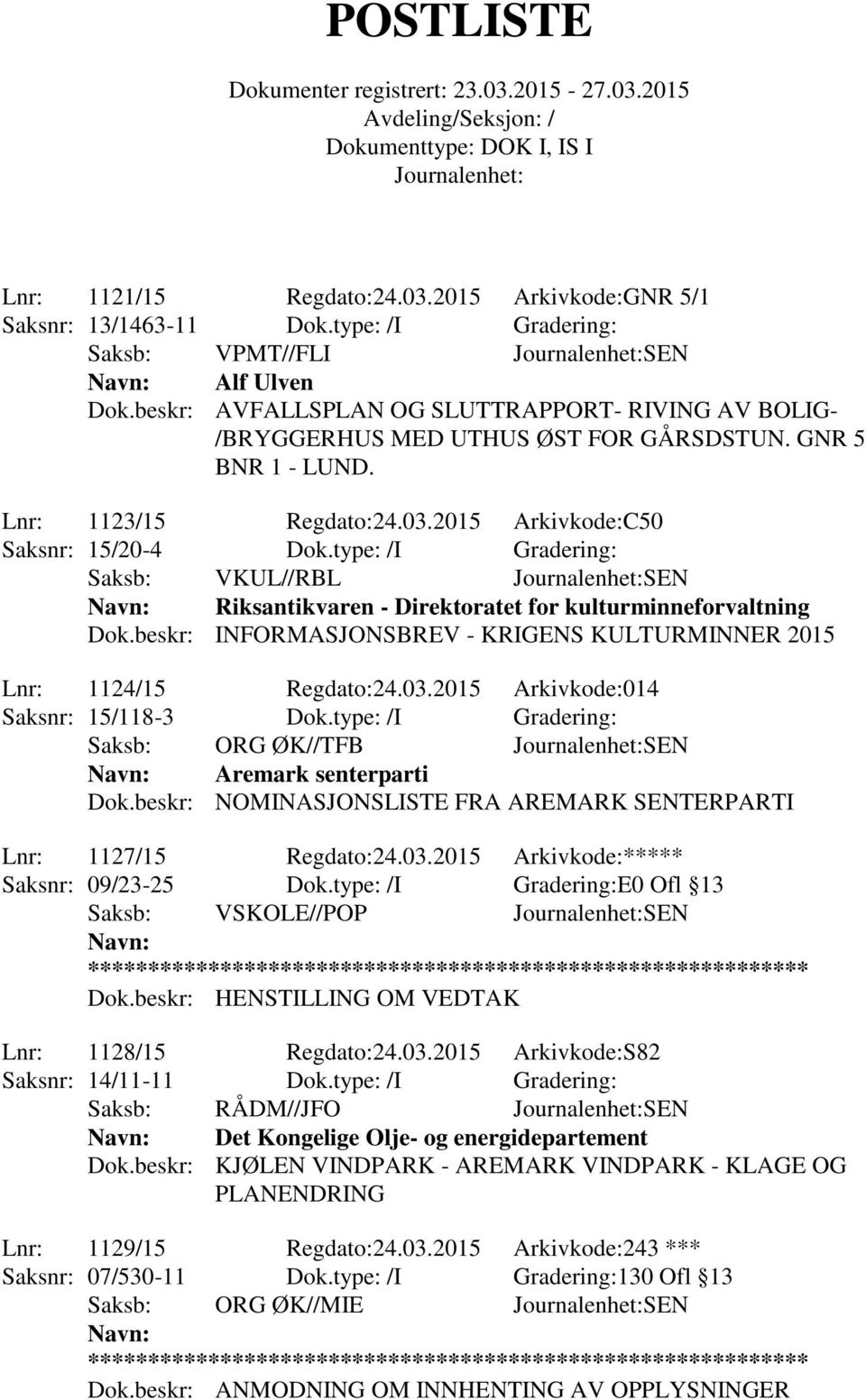 type: /I Gradering: Saksb: VKUL//RBL SEN Riksantikvaren - Direktoratet for kulturminneforvaltning Dok.beskr: INFORMASJONSBREV - KRIGENS KULTURMINNER 2015 Lnr: 1124/15 Regdato:24.03.