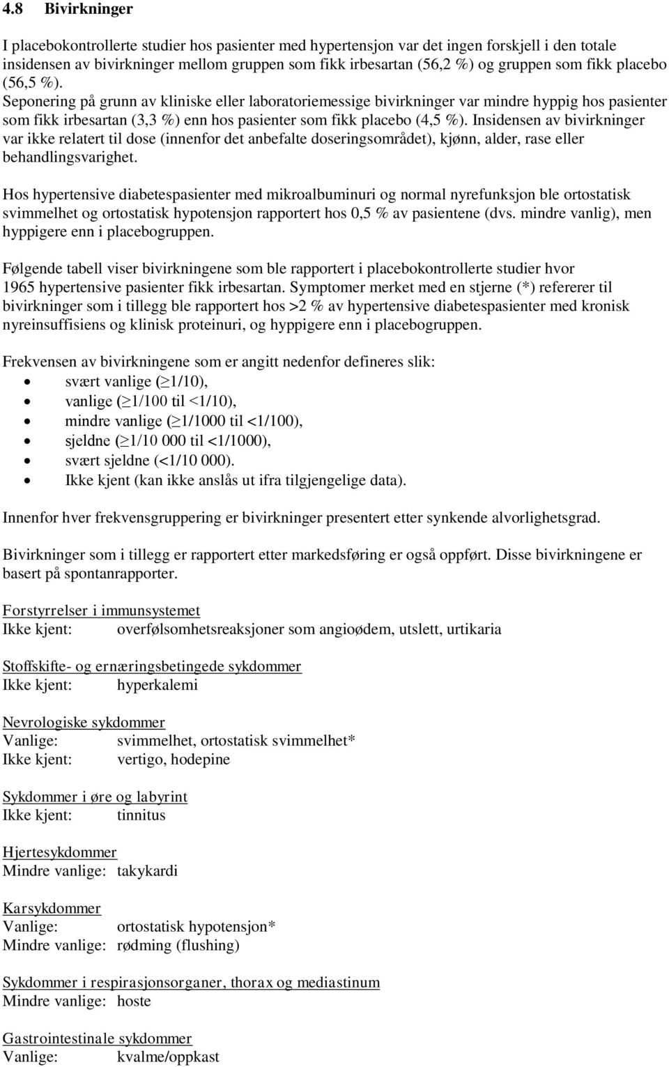 Insidensen av bivirkninger var ikke relatert til dose (innenfor det anbefalte doseringsområdet), kjønn, alder, rase eller behandlingsvarighet.