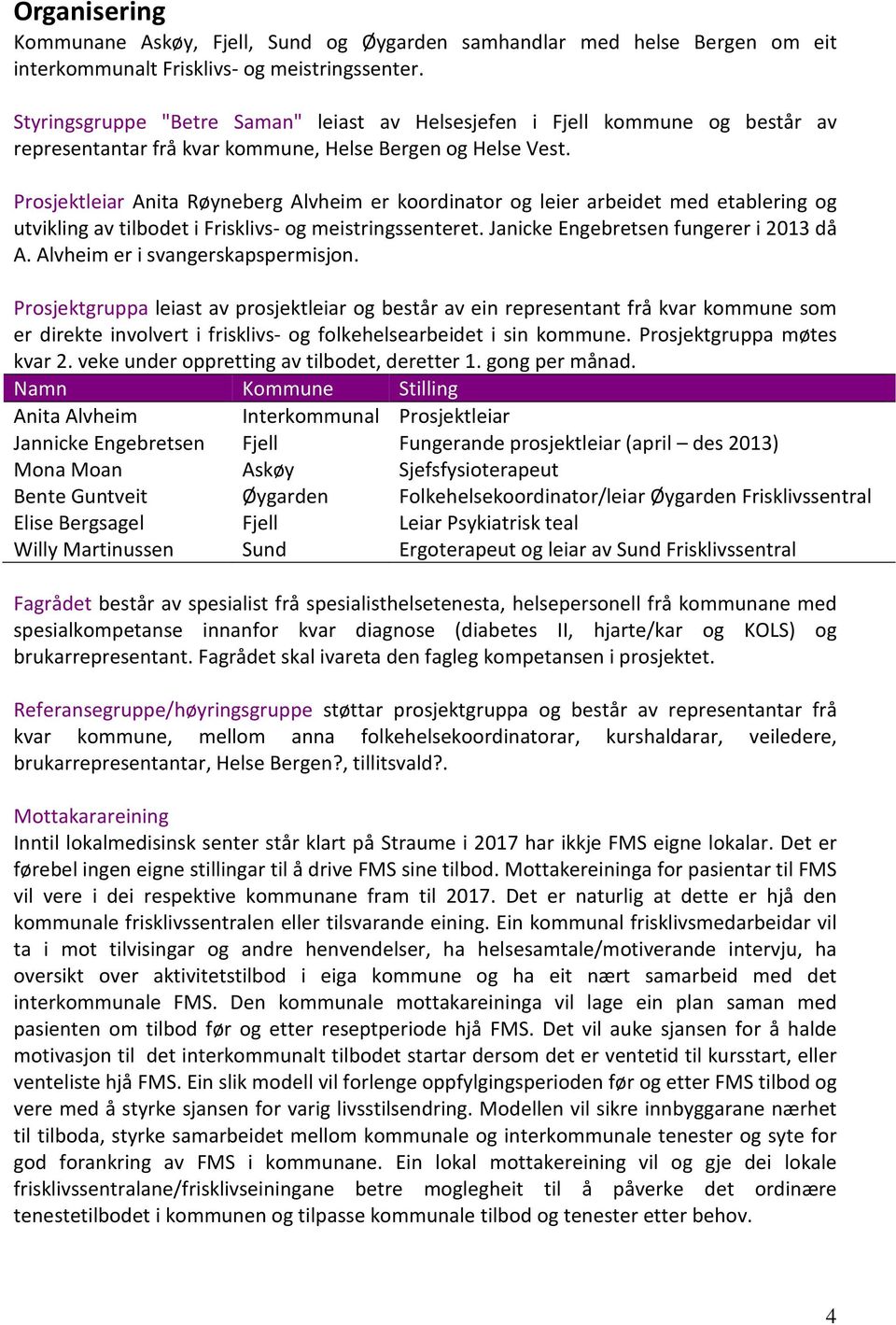 Prosjektleiar Anita Røyneberg Alvheim er koordinator og leier arbeidet med etablering og utvikling av tilbodet i Frisklivs- og meistringssenteret. Janicke Engebretsen fungerer i 2013 då A.