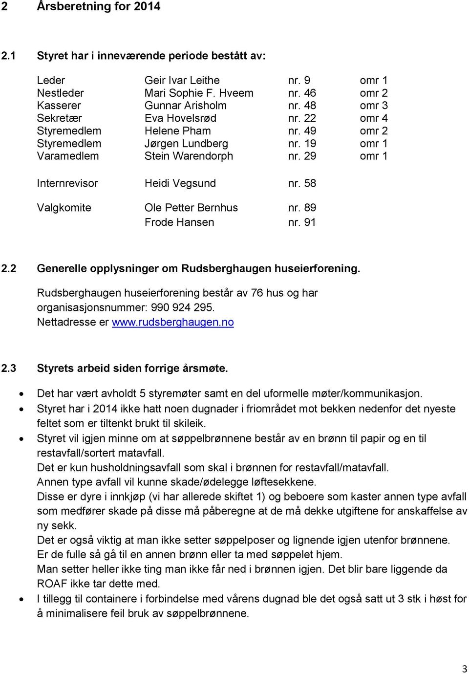 58 Valgkomite Ole Petter Bernhus nr. 89 Frode Hansen nr. 91 2.2 Generelle opplysninger om Rudsberghaugen huseierforening.