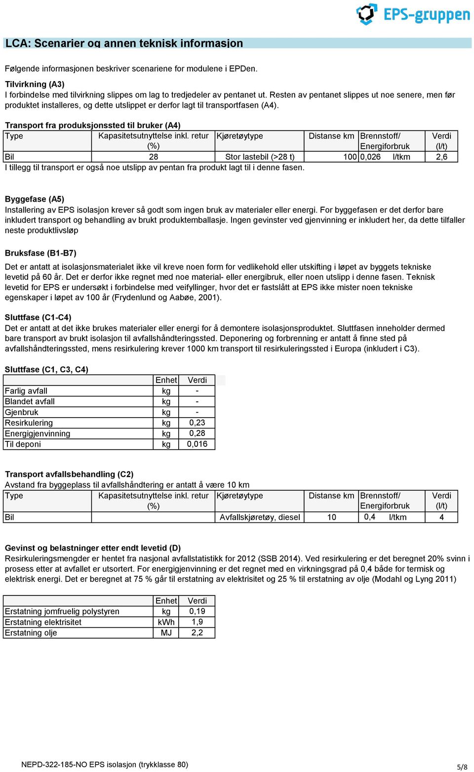 Resten av pentanet slippes ut noe senere, men før produktet installeres, og dette utslippet er derfor lagt til transportfasen (A4). fra produksjonssted til bruker (A4) Type Kapasitetsutnyttelse inkl.