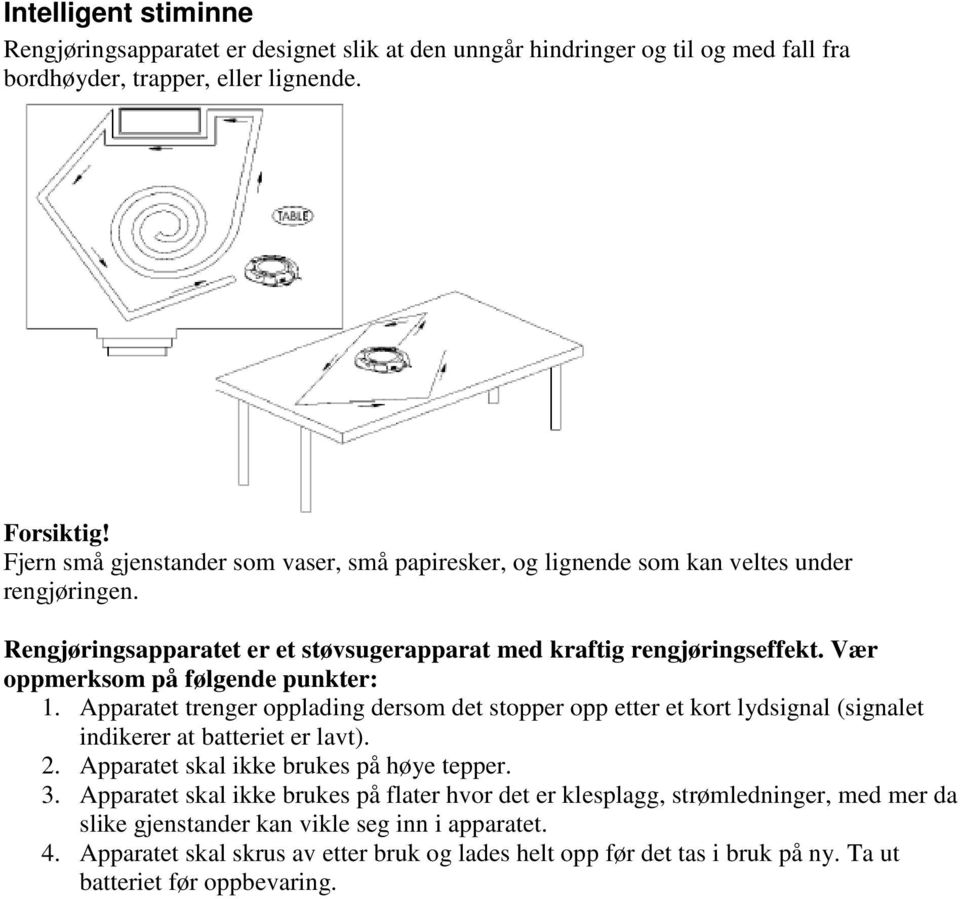 Vær oppmerksom på følgende punkter: 1. Apparatet trenger opplading dersom det stopper opp etter et kort lydsignal (signalet indikerer at batteriet er lavt). 2.