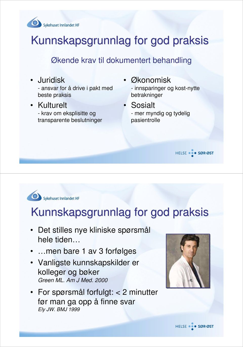 og tydelig pasientrolle Kunnskapsgrunnlag for god praksis Det stilles nye kliniske spørsmål hele tiden men bare 1 av 3 forfølges