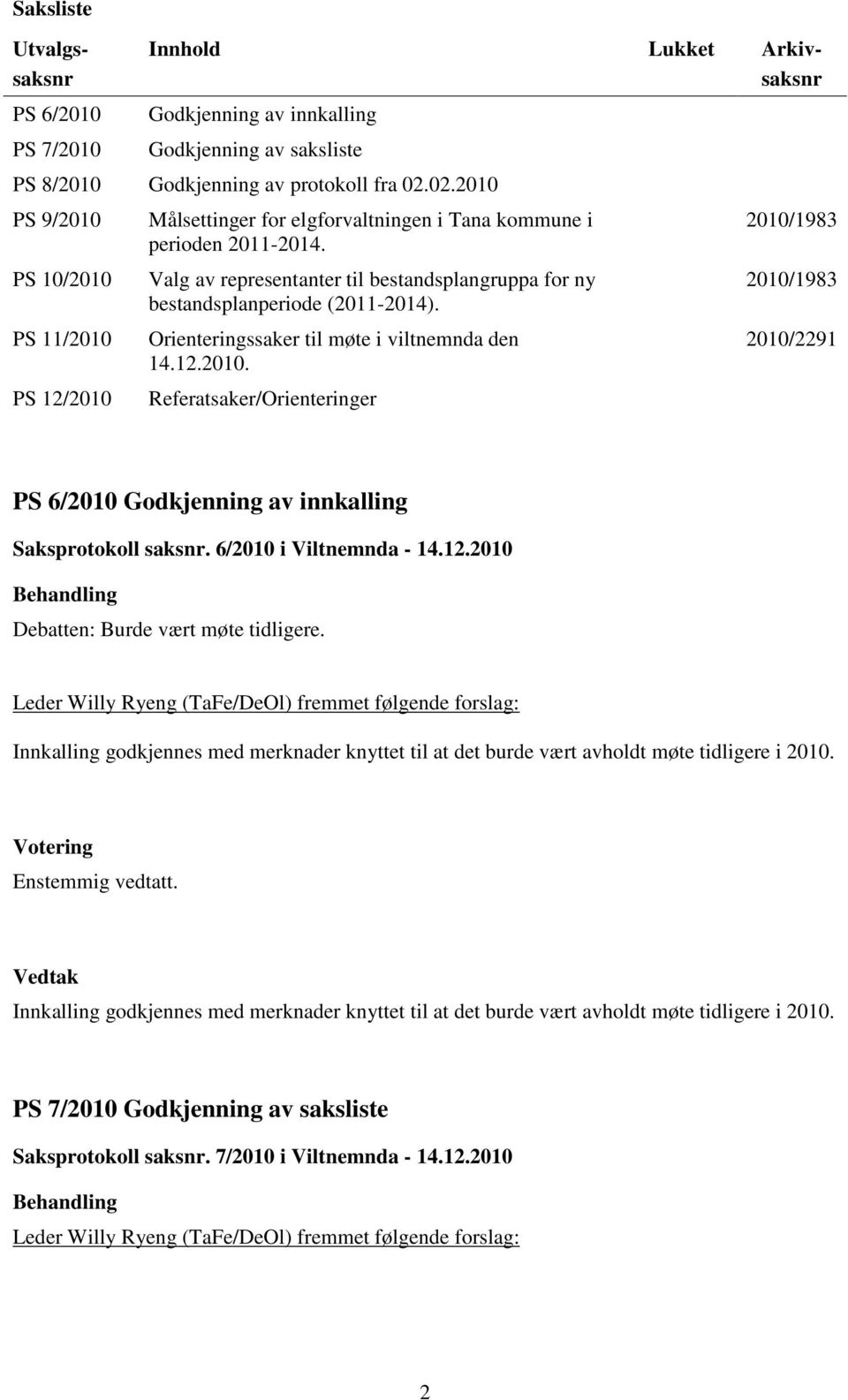 Valg av representanter til bestandsplangruppa for ny bestandsplanperiode (2011-2014). Orienteringssaker til møte i viltnemnda den 14.12.2010.