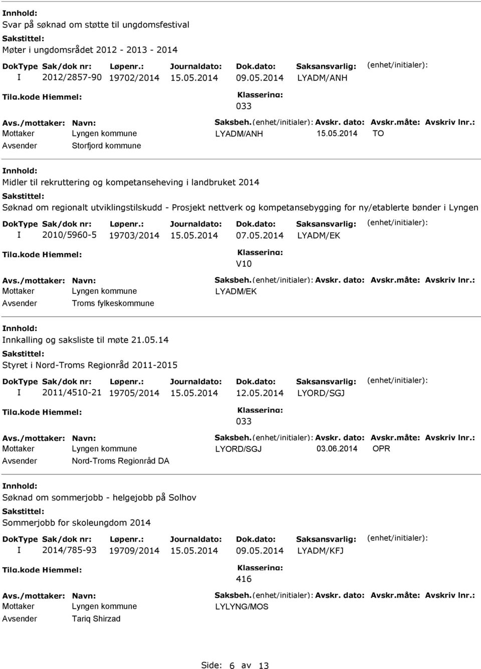 kompetansebygging for ny/etablerte bønder i Lyngen 2010/5960-5 19703/2014 07.05.2014 LYADM/EK V10 LYADM/EK Troms fylkeskommune nnkalling og saksliste til møte 21.05.14 Styret i Nord-Troms Regionråd 2011-2015 2011/4510-21 19705/2014 LYORD/SGJ 033 LYORD/SGJ 03.