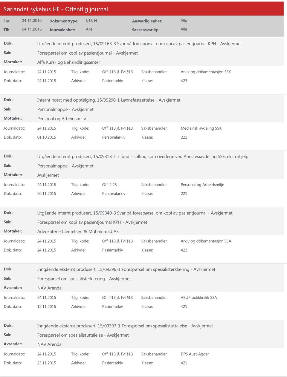 2015 Arkivdel: Personalarkiv tgående internt produsert, 15/09318-1 Tilbud - stilling som overlege ved Anestesiavdeling SSF, ekstrahjelp Personalmappe - Offl 25 Dok. dato: 20.11.