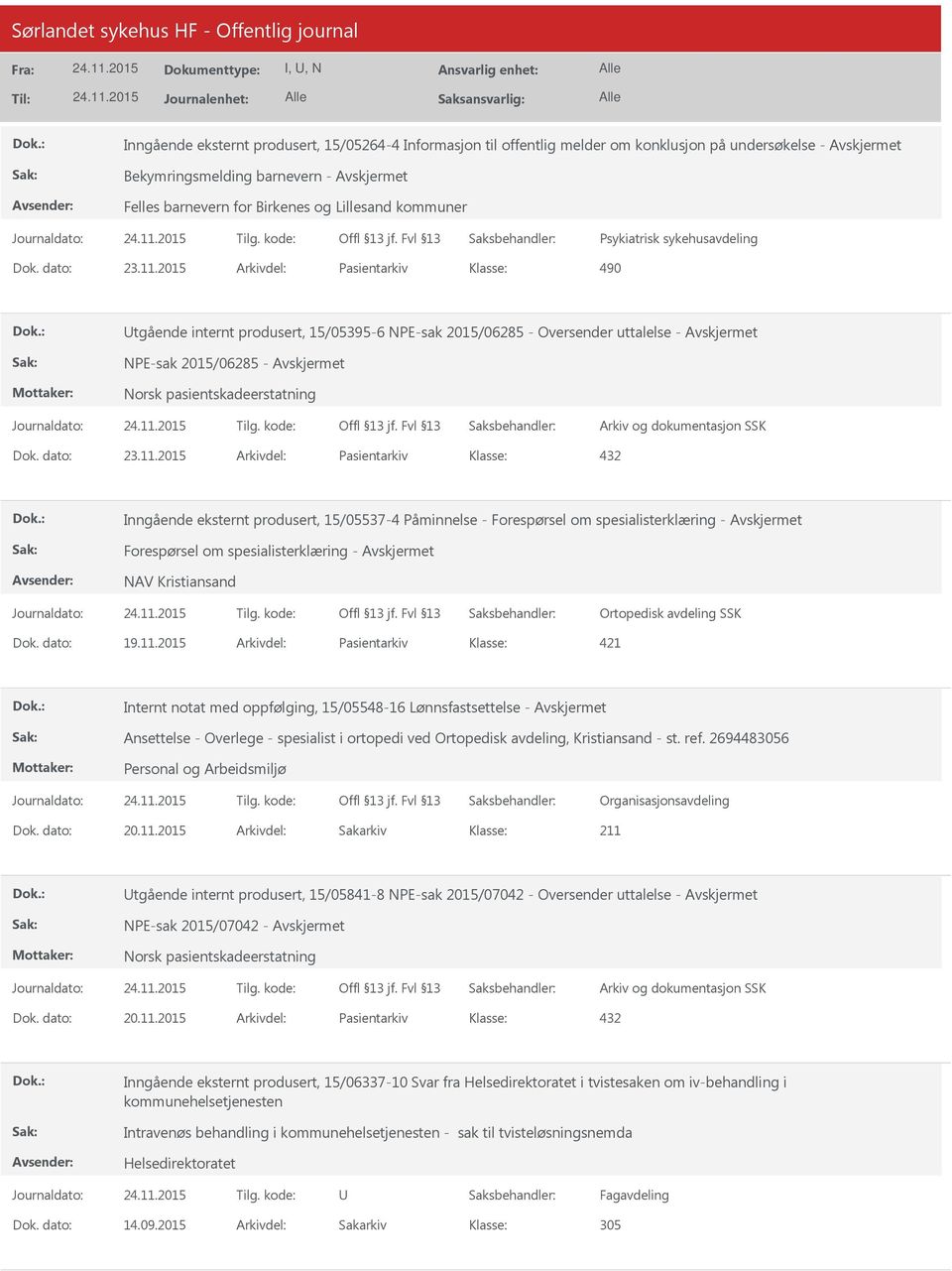 2015 Arkivdel: Pasientarkiv 490 tgående internt produsert, 15/05395-6 NPE-sak 2015/06285 - Oversender uttalelse - NPE-sak 2015/06285 - Norsk pasientskadeerstatning Dok. dato: 23.11.