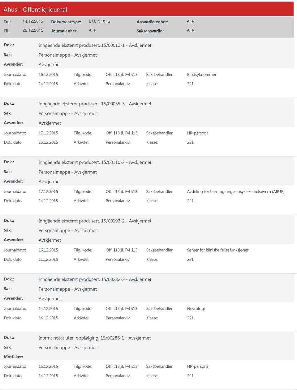 2015 Arkivdel: Personalarkiv Inngående eksternt produsert, 15/00110-2 - Avdeling for barn og unges psykiske helsevern (ABP) Dok.