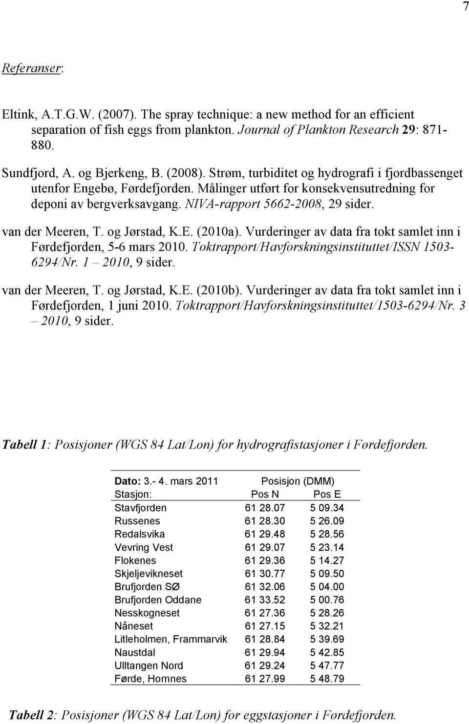 van der Meeren, T. og Jørstad, K.E. (2010a). Vurderinger av data fra tokt samlet inn i Førdefjorden, 5-6 mars 2010. Toktrapport/Havforskningsinstituttet/ISSN 1503-6294/Nr. 1 2010, 9 sider.