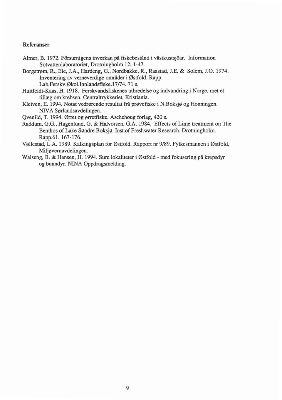 Ferskvandsfiskenes utbredelse og indvandring i Norge, met et tillæg om krebsen. Centraltrykkeriet, Kristiania. Kleiven, E. 1994. Notat vedrørende resultat frå prøvefiske i N.Boksjø og Honningen.