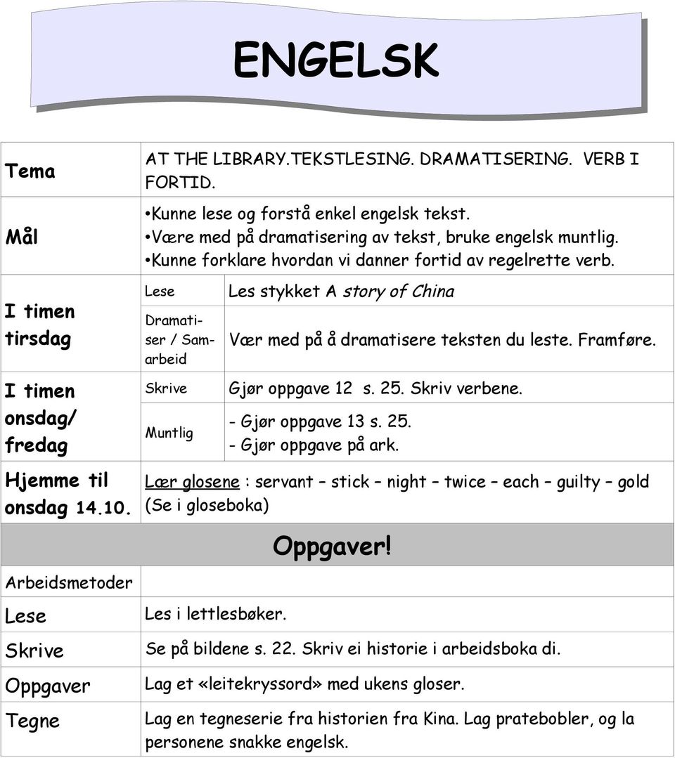 Lese Dramatiser / Samarbeid Muntlig Les stykket A story of China Vær med på å dramatisere teksten du leste. Framføre. Gjør oppgave 12 s. 25. Skriv verbene. - Gjør oppgave 13 s. 25. - Gjør oppgave på ark.