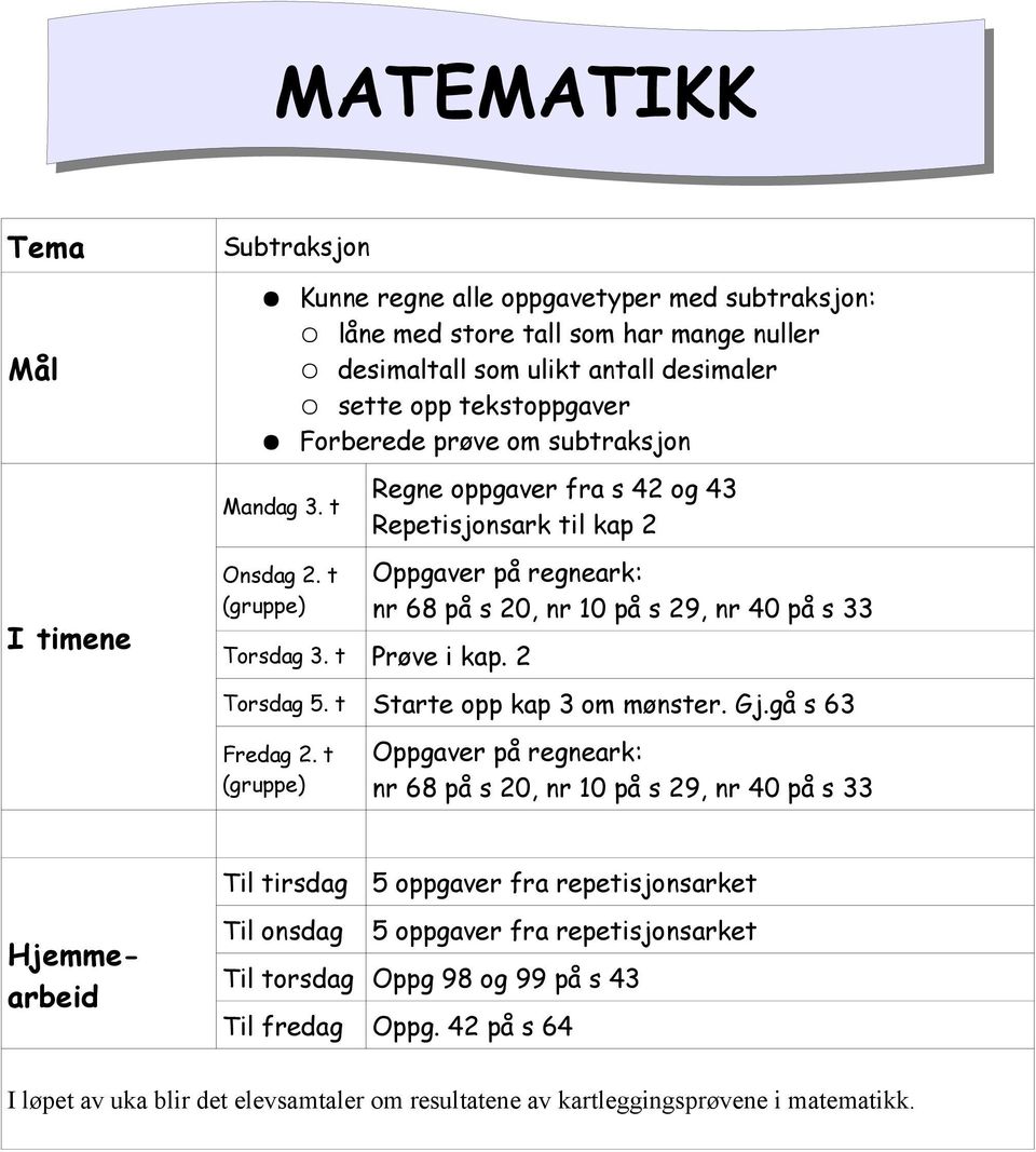 t Prøve i kap. 2 Torsdag 5. t Starte opp kap 3 om mønster. Gj.gå s 63 Fredag 2.