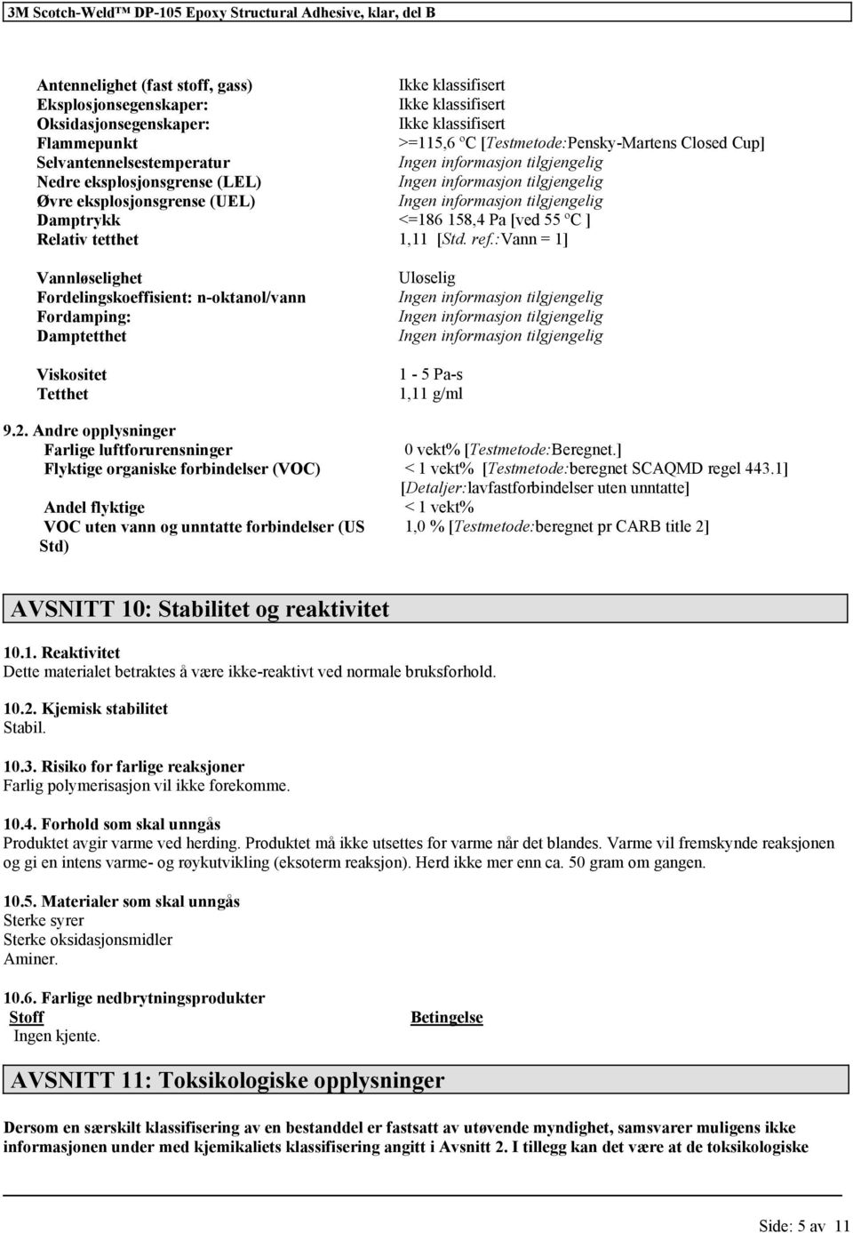 :vann = 1] Vannløselighet Fordelingskoeffisient: n-oktanol/vann Fordamping: Damptetthet Viskositet Tetthet Uløselig 1-5 Pa-s 1,11 g/ml 9.2.