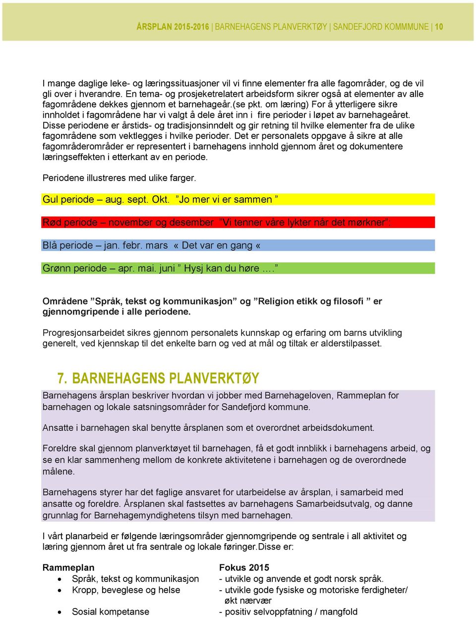 om læring) For å ytterligere sikre innholdet i fagområdene har vi valgt å dele året inn i fire perioder i løpet av barnehageåret.