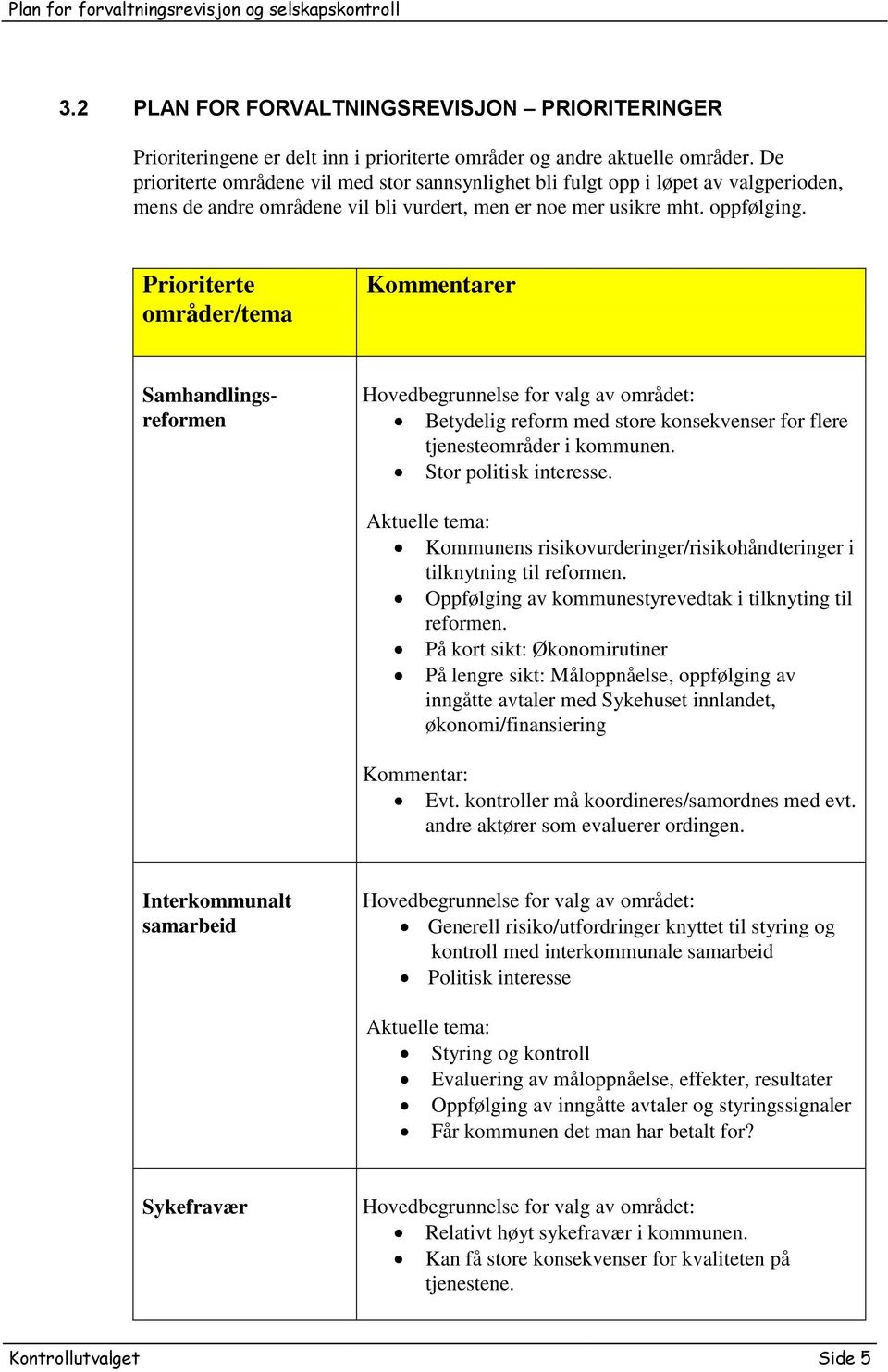 Prioriterte områder/tema Kommentarer Samhandlingsreformen Betydelig reform med store konsekvenser for flere tjenesteområder i kommunen. Stor politisk interesse.