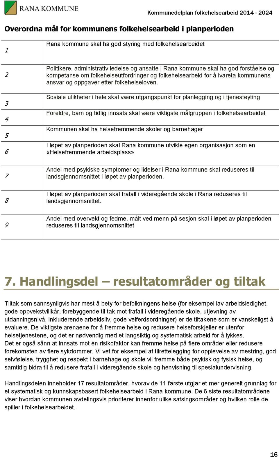 Sosiale ulikheter i hele skal være utgangspunkt for planlegging og i tjenesteyting Foreldre, barn og tidlig innsats skal være viktigste målgruppen i folkehelsearbeidet Kommunen skal ha helsefremmende