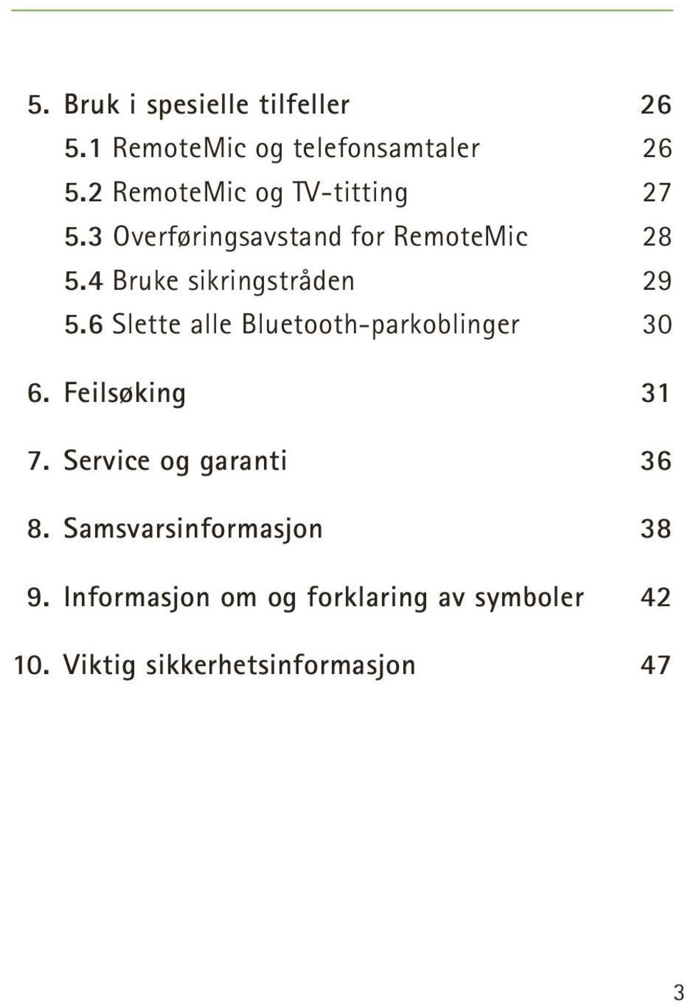 4 Bruke sikringstråden 29 5.6 Slette alle Bluetooth-parkoblinger 30 6. Feilsøking 31 7.