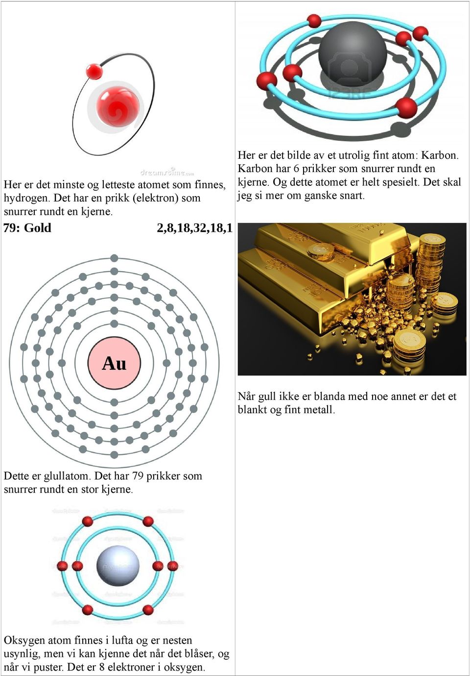 Det skal jeg si mer om ganske snart. Når gull ikke er blanda med noe annet er det et blankt og fint metall. Dette er glullatom.