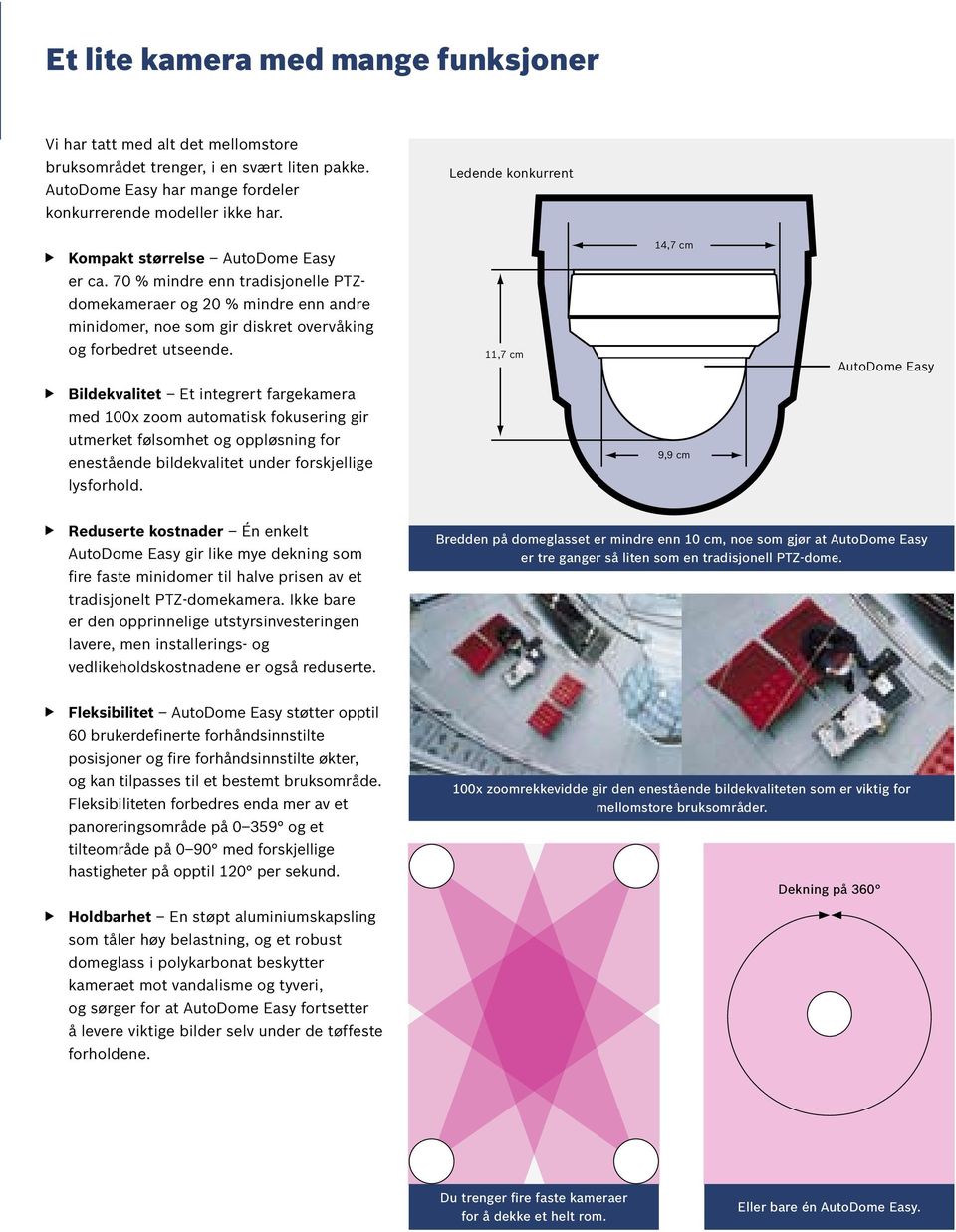 11,7 cm 14,7 cm AutoDome Easy Bildekvalitet Et integrert fargekamera med 100x zoom automatisk fokusering gir utmerket følsomhet og oppløsning for enestående bildekvalitet under forskjellige