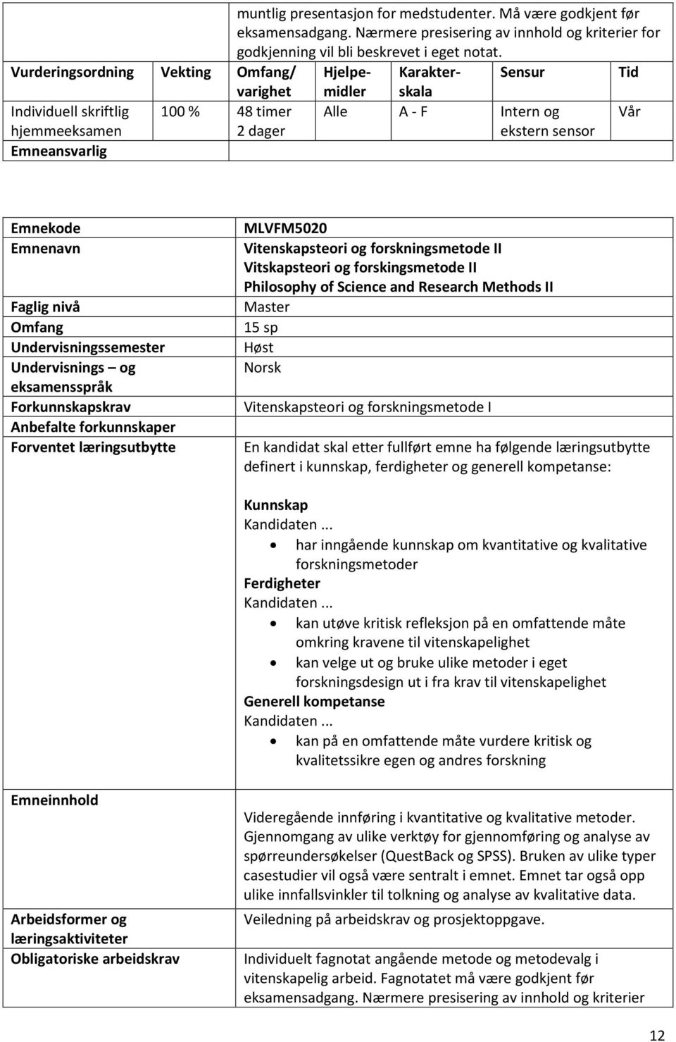 Vurderingsordning Vekting Omfang/ Hjelpe- Karakter- Sensur Tid midler skala Alle A - F Intern og ekstern sensor Vår Emnekode Emnenavn Faglig nivå Omfang Undervisningssemester Undervisnings og