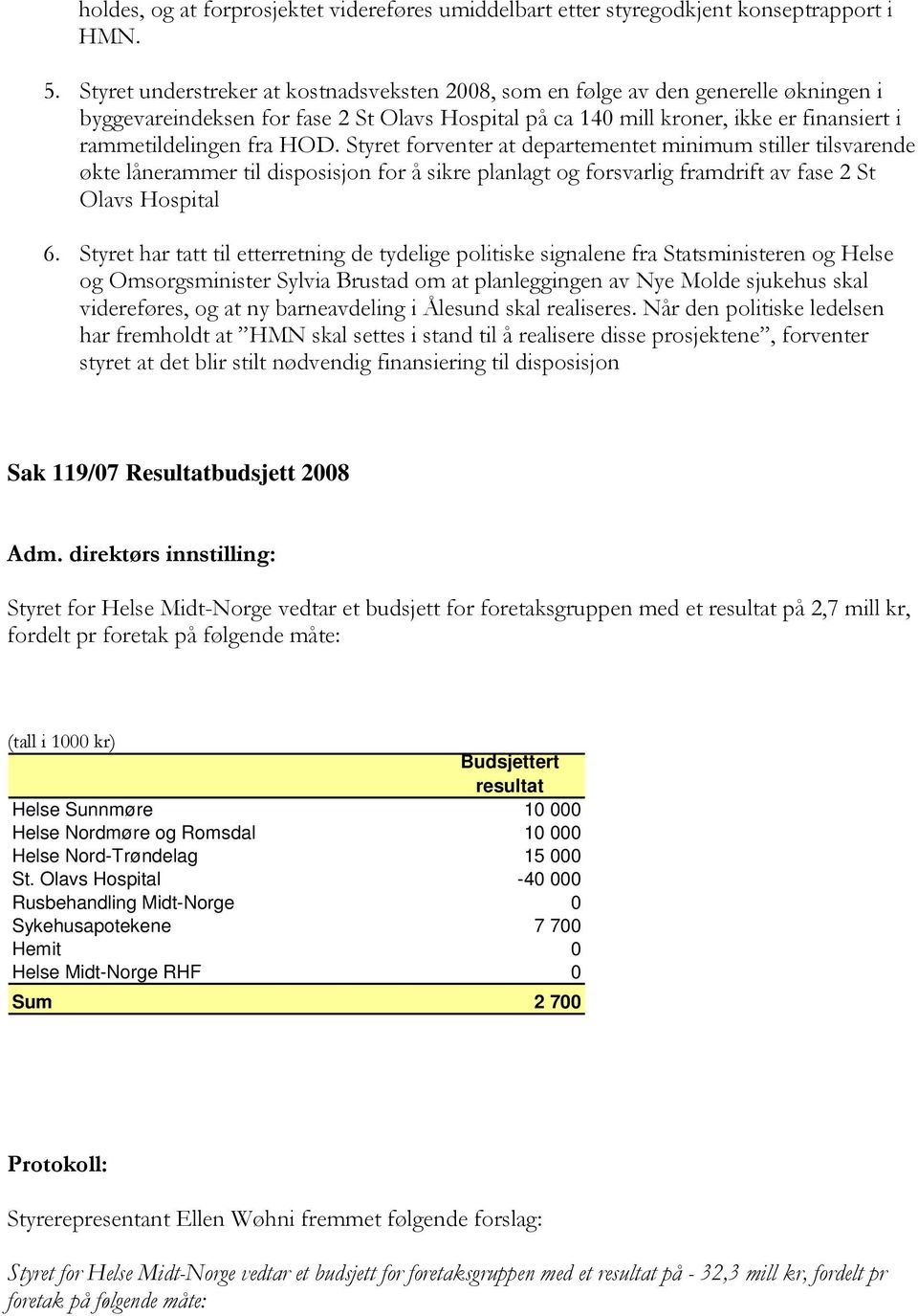 HOD. Styret forventer at departementet minimum stiller tilsvarende økte lånerammer til disposisjon for å sikre planlagt og forsvarlig framdrift av fase 2 St Olavs Hospital 6.